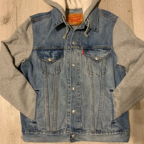 Levi's Strauss Mens Hybrid Hoodie Tucker Jacket Medium Wash Blue Denim - Picture 3 of 15